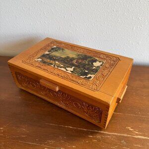 Vintage Wood Keepsake Box with Cottage Print, Carved Jewelry Box with Mirror